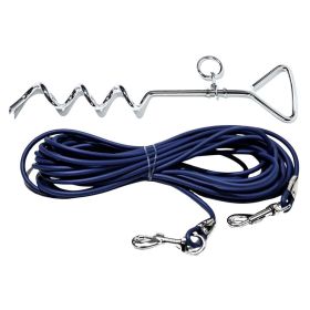 Heavy Duty Dog Tie Out Cable with Stake, Waterproof PVC Double Dog Leash for Yard Camping (Color: Navy Blue)