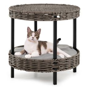 2-Tier Rattan Cat Bed - Washable Padded Cushion, Metal Legs 66 Lbs Total Capacity, Gray Finish (Option: Gray)
